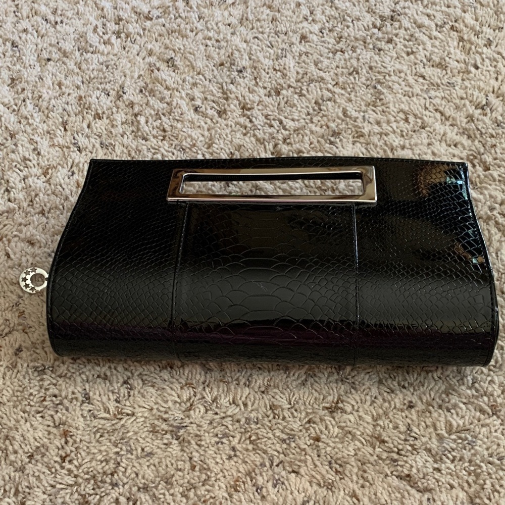 Black Patent Faux-Snakeskin Clutch with Silver Handle